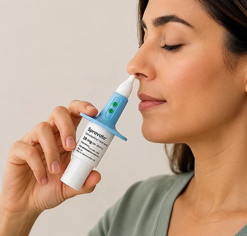 A woman holds a SPRAVATO (esketamine) nasal spray device to her nose